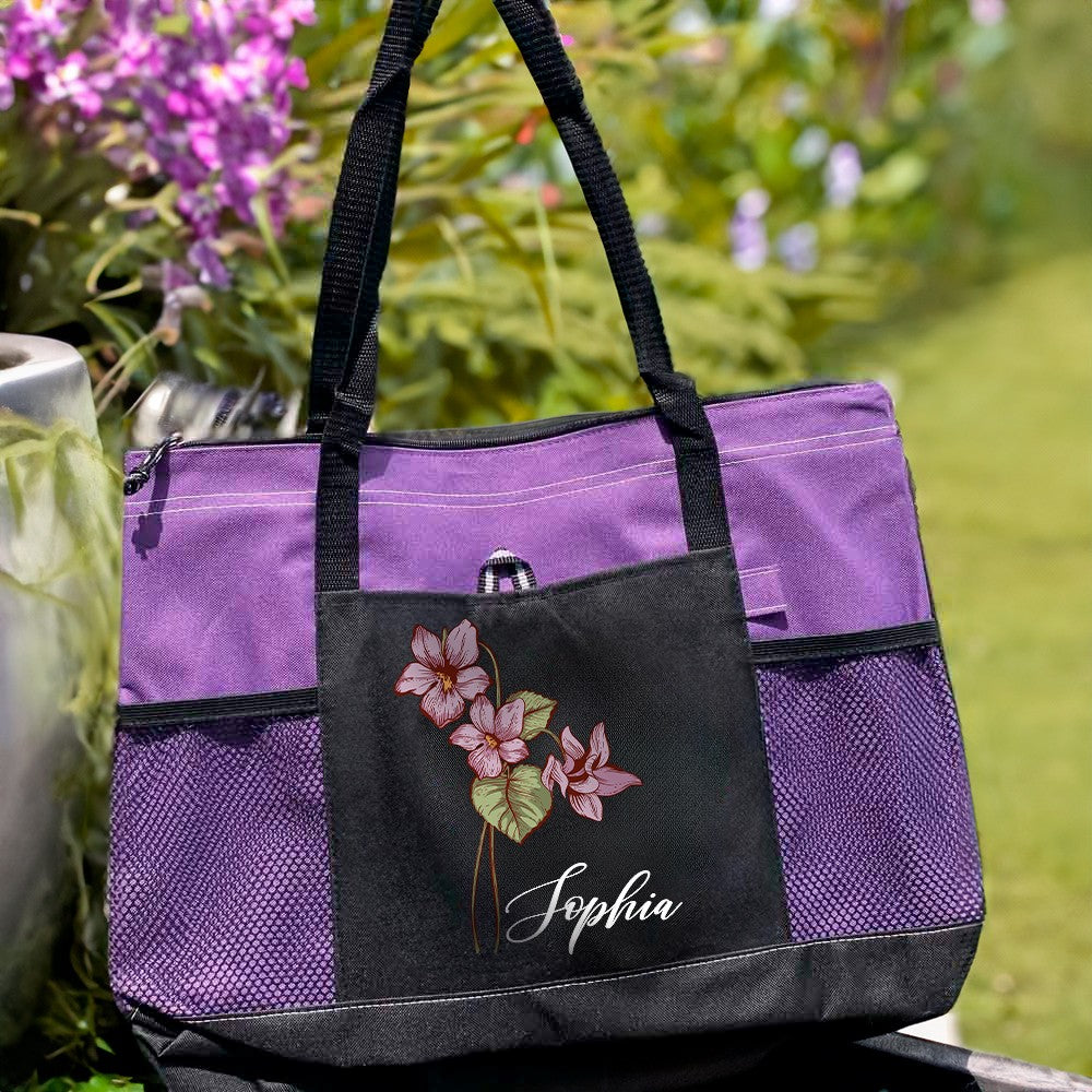 Personalized Name Birth Flower Tote Bag, Large Capacity Canvas Tote Bag with Mesh Pocket, Women's Shopping Bag, Birthday/Mother's Day Gift for Her/Mom