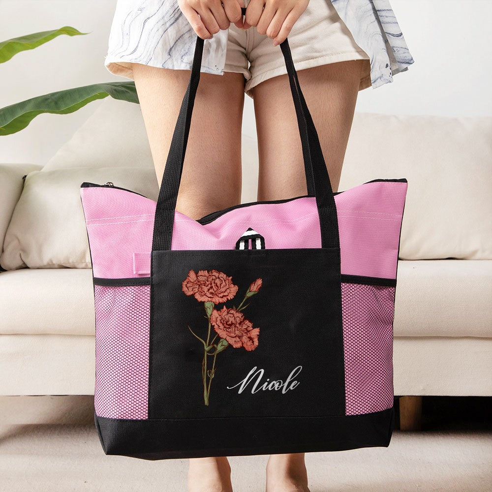 Personalized Name Birth Flower Tote Bag, Large Capacity Canvas Tote Bag with Mesh Pocket, Women's Shopping Bag, Birthday/Mother's Day Gift for Her/Mom
