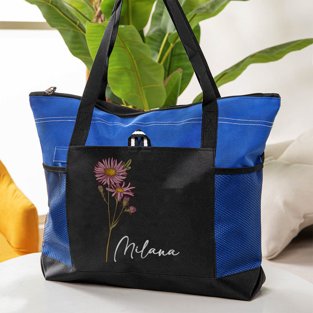 Personalized Name Birth Flower Tote Bag, Large Capacity Canvas Tote Bag with Mesh Pocket, Women's Shopping Bag, Birthday/Mother's Day Gift for Her/Mom
