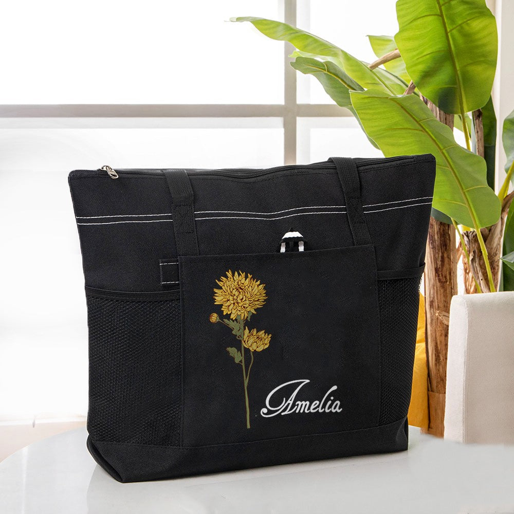 Personalized Name Birth Flower Tote Bag, Large Capacity Canvas Tote Bag with Mesh Pocket, Women's Shopping Bag, Birthday/Mother's Day Gift for Her/Mom