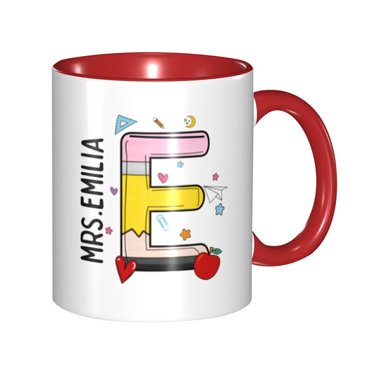 Personalized Name Teacher Mug, 11oz Ceramic Mug, Apple Pencil Notebook Design Teacher's Cup, Teacher's Day/Appreciation/Christmas Gift for Teachers