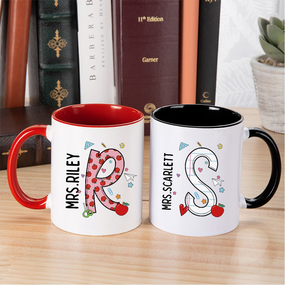 Personalized Name Teacher Mug, 11oz Ceramic Mug, Apple Pencil Notebook Design Teacher's Cup, Teacher's Day/Appreciation/Christmas Gift for Teachers