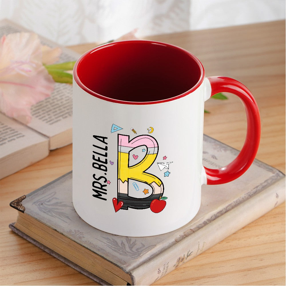 Personalized Name Teacher Mug, 11oz Ceramic Mug, Apple Pencil Notebook Design Teacher's Cup, Teacher's Day/Appreciation/Christmas Gift for Teachers