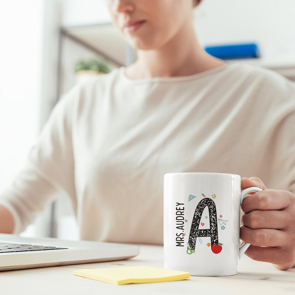 Personalized Name Teacher Mug, 11oz Ceramic Mug, Apple Pencil Notebook Design Teacher's Cup, Teacher's Day/Appreciation/Christmas Gift for Teachers