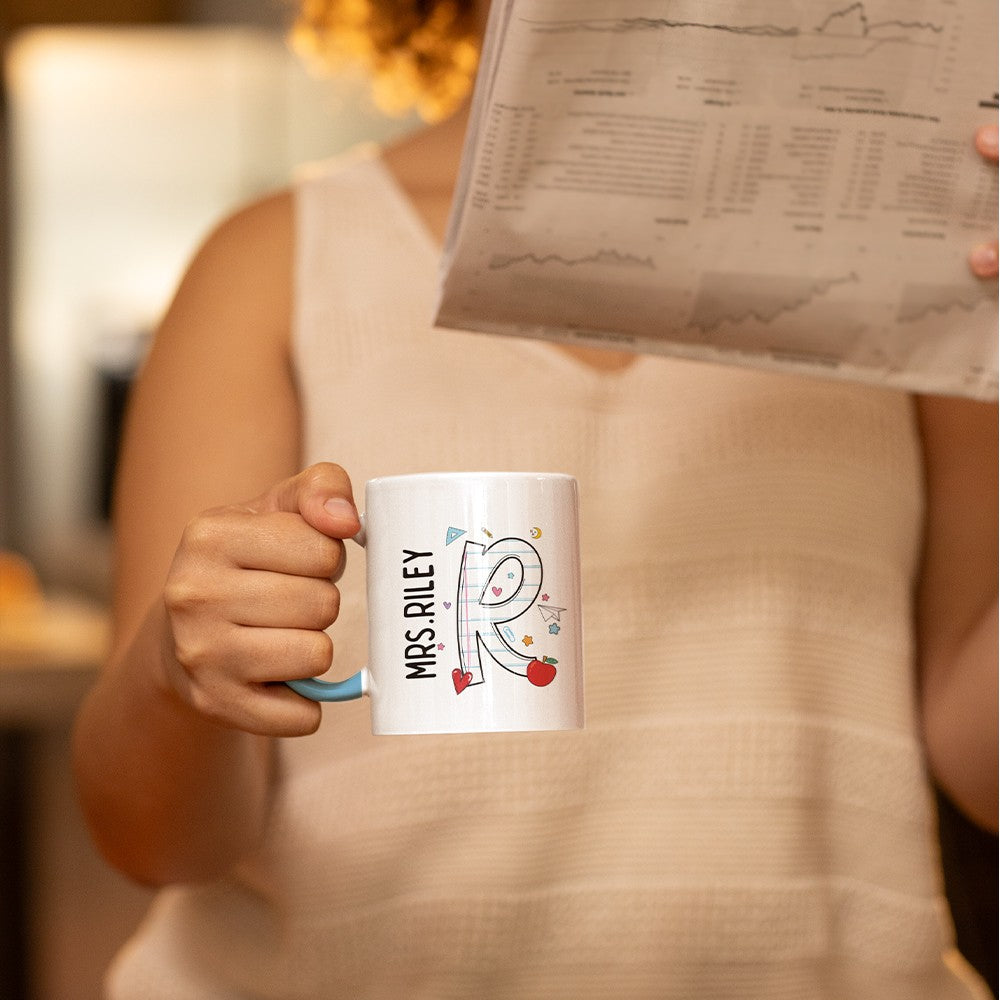 Personalized Name Teacher Mug, 11oz Ceramic Mug, Apple Pencil Notebook Design Teacher's Cup, Teacher's Day/Appreciation/Christmas Gift for Teachers