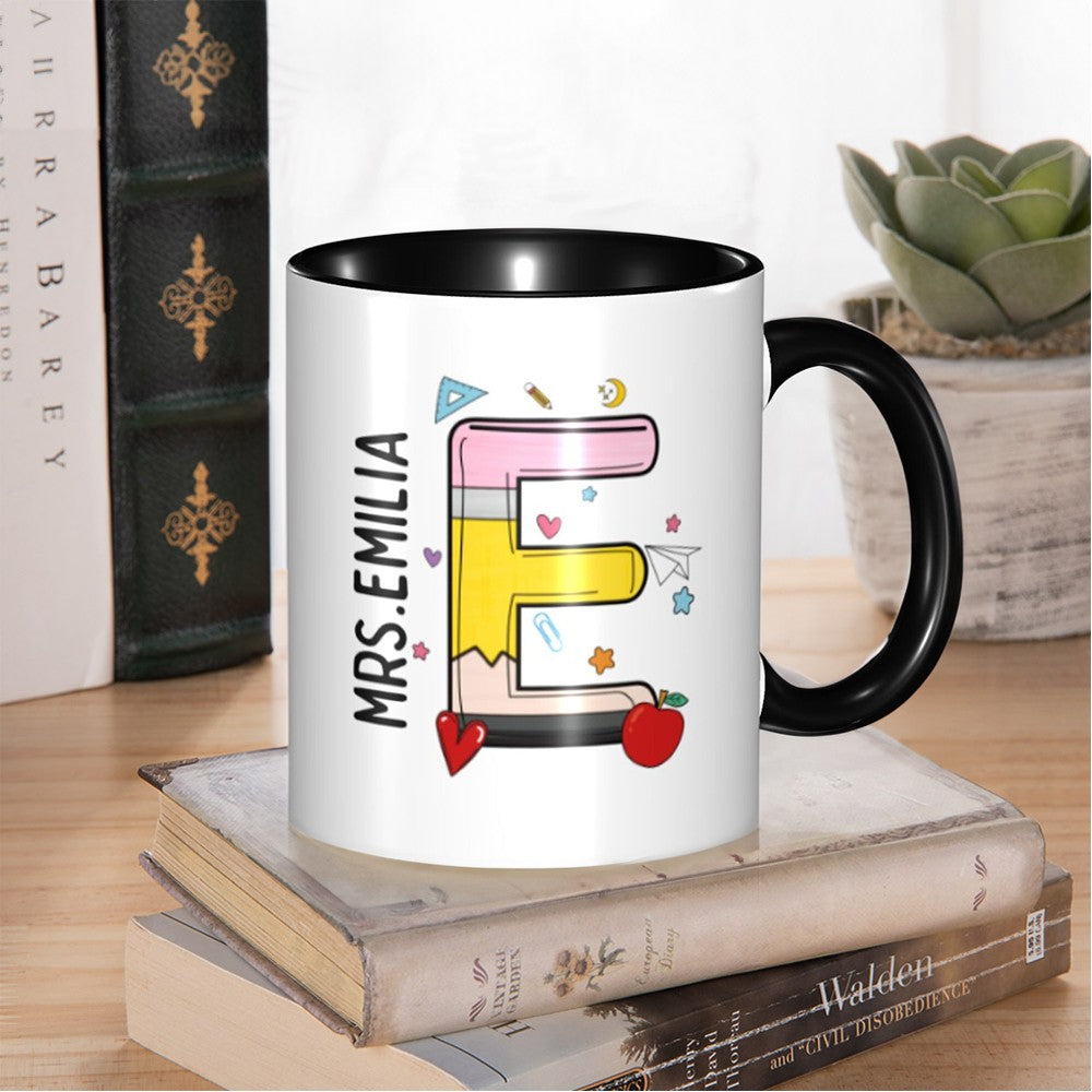 Personalized Name Teacher Mug, 11oz Ceramic Mug, Apple Pencil Notebook Design Teacher's Cup, Teacher's Day/Appreciation/Christmas Gift for Teachers