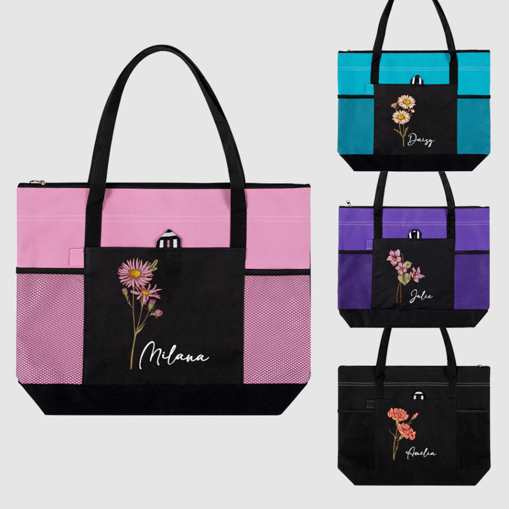 Personalized Name Birth Flower Tote Bag, Large Capacity Canvas Tote Bag with Mesh Pocket, Women's Shopping Bag, Birthday/Mother's Day Gift for Her/Mom