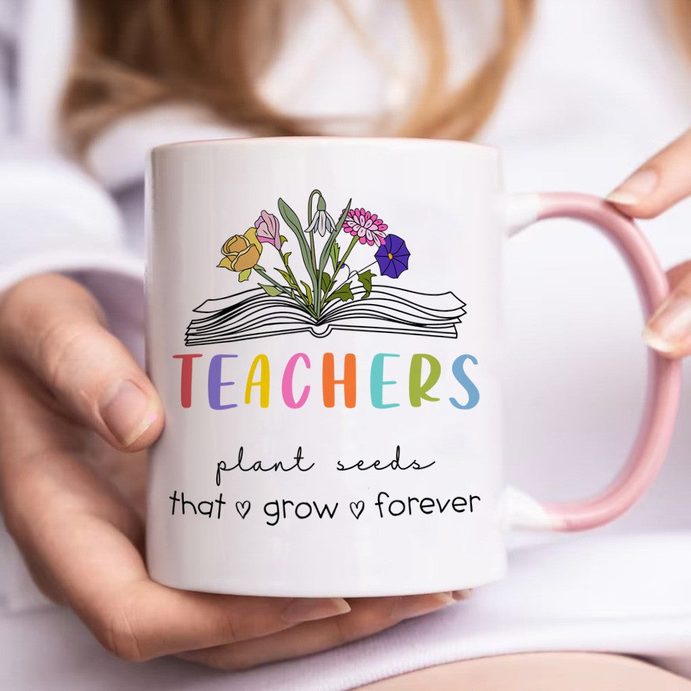 Personalized Birth Flower Book Teacher Mug, Custom 11oz Ceramic Bouquet Mug, Teachers Plant Seeds Coffee Mug, Teacher Appreciation Gift for Teacher