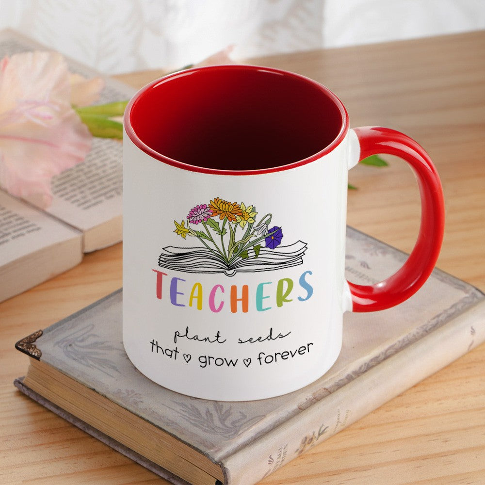 Personalized Birth Flower Book Teacher Mug, Custom 11oz Ceramic Bouquet Mug, Teachers Plant Seeds Coffee Mug, Teacher Appreciation Gift for Teacher