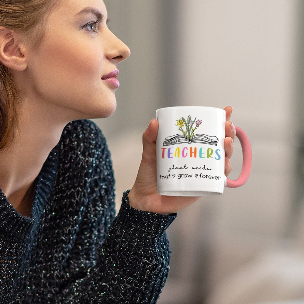Personalized Birth Flower Book Teacher Mug, Custom 11oz Ceramic Bouquet Mug, Teachers Plant Seeds Coffee Mug, Teacher Appreciation Gift for Teacher