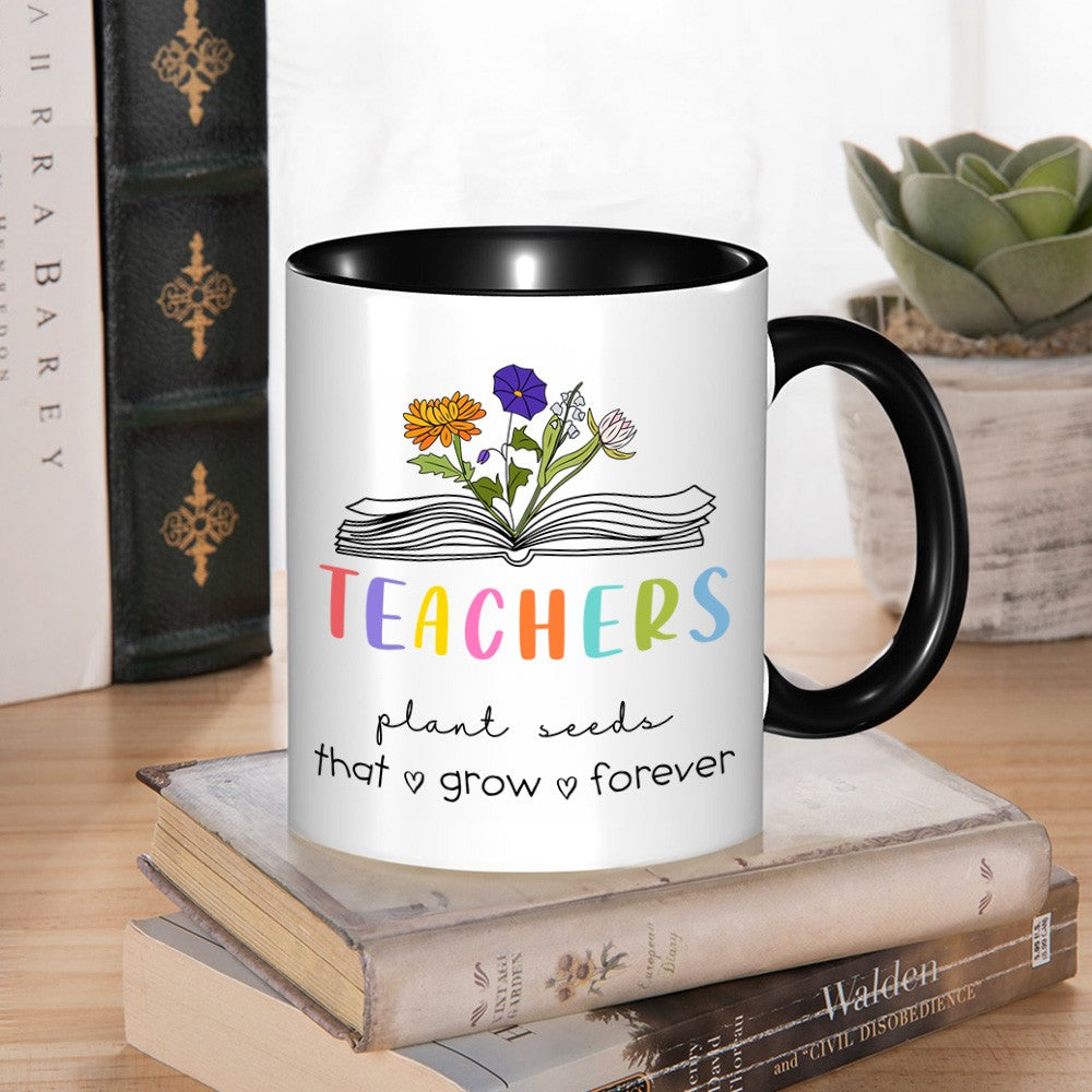 Personalized Birth Flower Book Teacher Mug, Custom 11oz Ceramic Bouquet Mug, Teachers Plant Seeds Coffee Mug, Teacher Appreciation Gift for Teacher