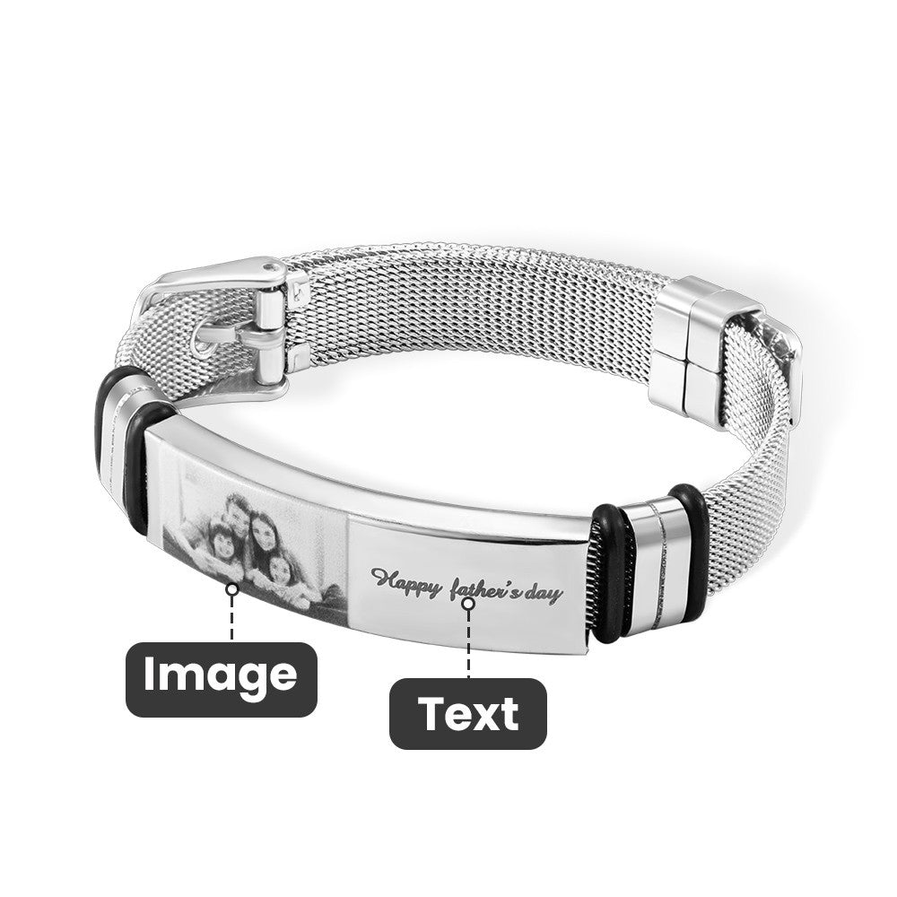 Personalized Photo and Engraved Text Stainless Steel Bracelet, Adjustable Men Bracelet, Father's Day Gift for Dad/Grandpa/Husband