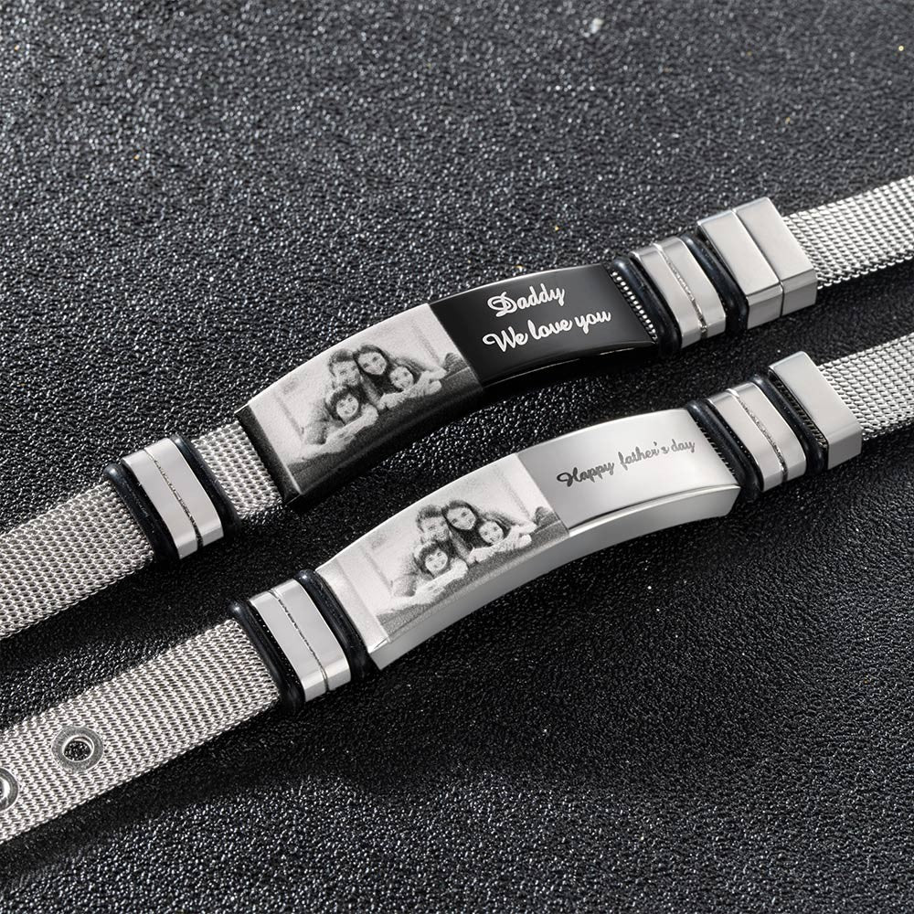 Personalized Photo and Engraved Text Stainless Steel Bracelet, Adjustable Men Bracelet, Father's Day Gift for Dad/Grandpa/Husband
