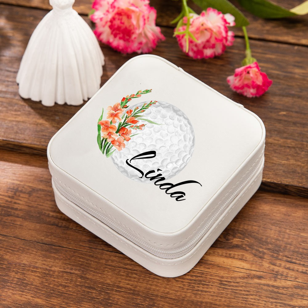 Personalized Name Birth Flower Golf Jewelry Box, Leather Travel Jewelry Case, Bachelorette Party Favor, Wedding/Birthday Gift for Golf Lover/Women/Her