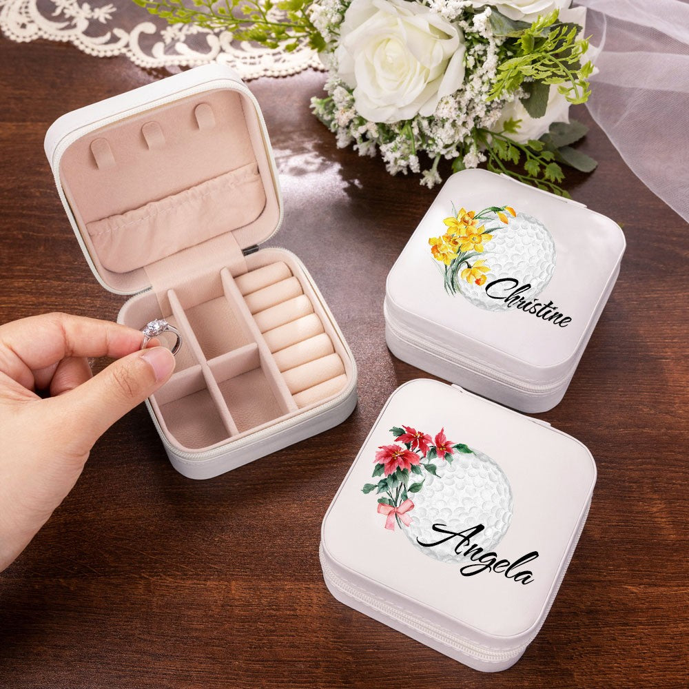 Personalized Name Birth Flower Golf Jewelry Box, Leather Travel Jewelry Case, Bachelorette Party Favor, Wedding/Birthday Gift for Golf Lover/Women/Her