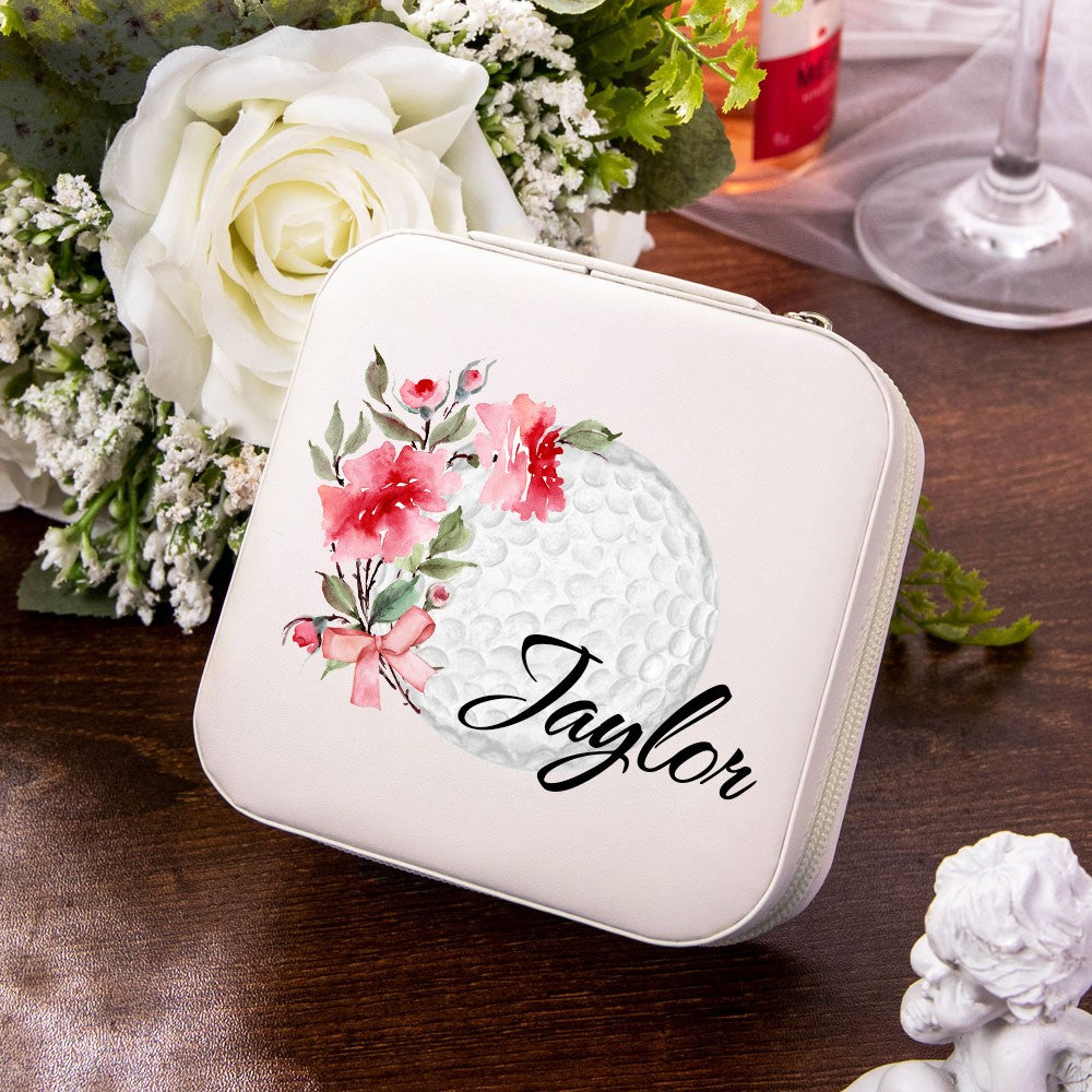 Personalized Name Birth Flower Golf Jewelry Box, Leather Travel Jewelry Case, Bachelorette Party Favor, Wedding/Birthday Gift for Golf Lover/Women/Her