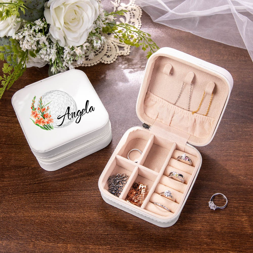 Personalized Name Birth Flower Golf Jewelry Box, Leather Travel Jewelry Case, Bachelorette Party Favor, Wedding/Birthday Gift for Golf Lover/Women/Her