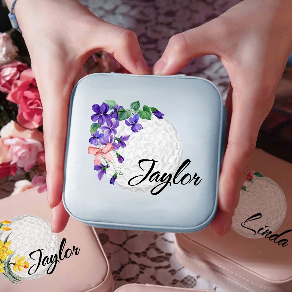 Personalized Name Birth Flower Golf Jewelry Box, Leather Travel Jewelry Case, Bachelorette Party Favor, Wedding/Birthday Gift for Golf Lover/Women/Her