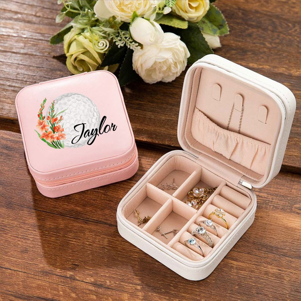Personalized Name Birth Flower Golf Jewelry Box, Leather Travel Jewelry Case, Bachelorette Party Favor, Wedding/Birthday Gift for Golf Lover/Women/Her
