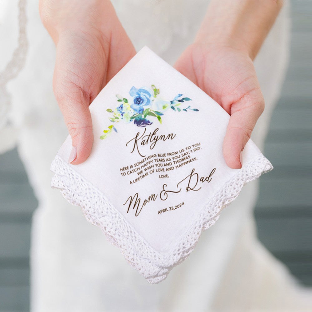 Personalized Floral Wedding Handkerchief, Daughter Wedding Gift from Mom, Something Blue Gift for Bride on Wedding Day, Gift for Daughter/Bride/Her