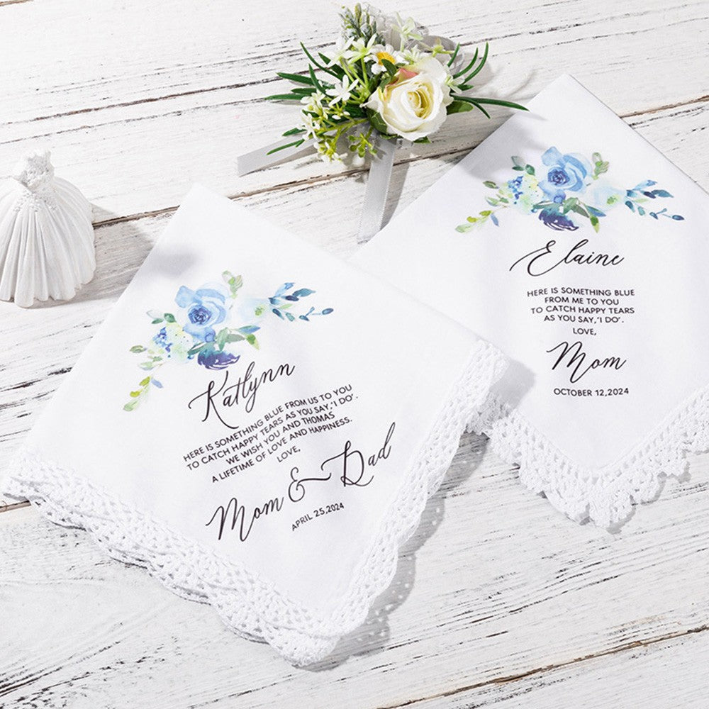 Personalized Floral Wedding Handkerchief, Daughter Wedding Gift from Mom, Something Blue Gift for Bride on Wedding Day, Gift for Daughter/Bride/Her
