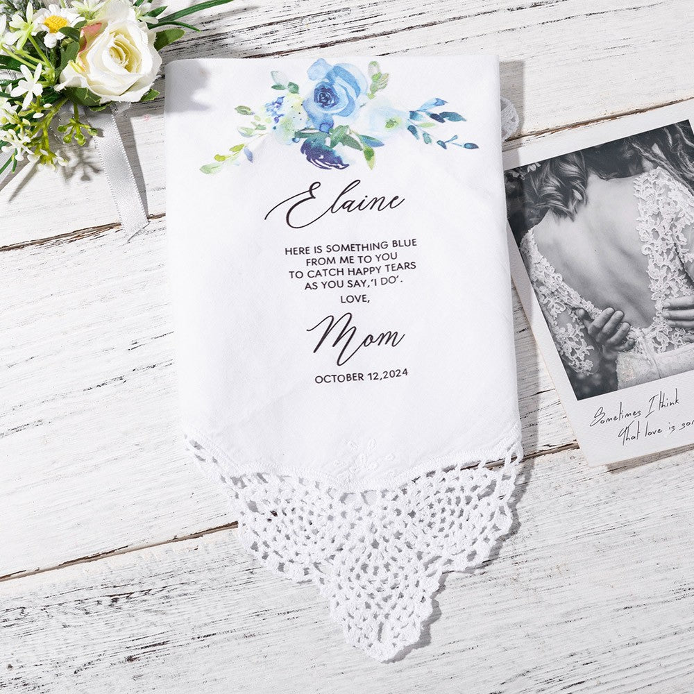 Personalized Floral Wedding Handkerchief, Daughter Wedding Gift from Mom, Something Blue Gift for Bride on Wedding Day, Gift for Daughter/Bride/Her