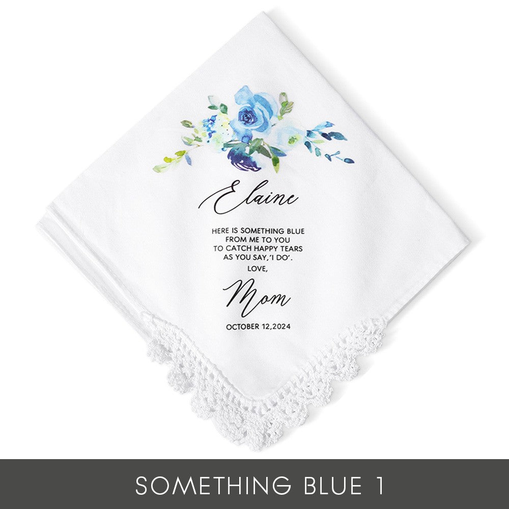 Personalized Floral Wedding Handkerchief, Daughter Wedding Gift from Mom, Something Blue Gift for Bride on Wedding Day, Gift for Daughter/Bride/Her
