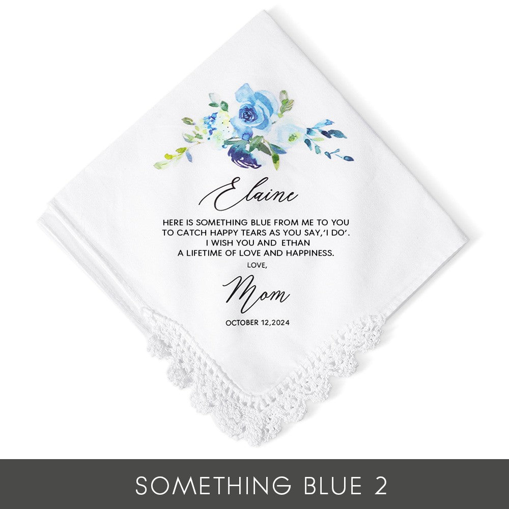 Personalized Floral Wedding Handkerchief, Daughter Wedding Gift from Mom, Something Blue Gift for Bride on Wedding Day, Gift for Daughter/Bride/Her