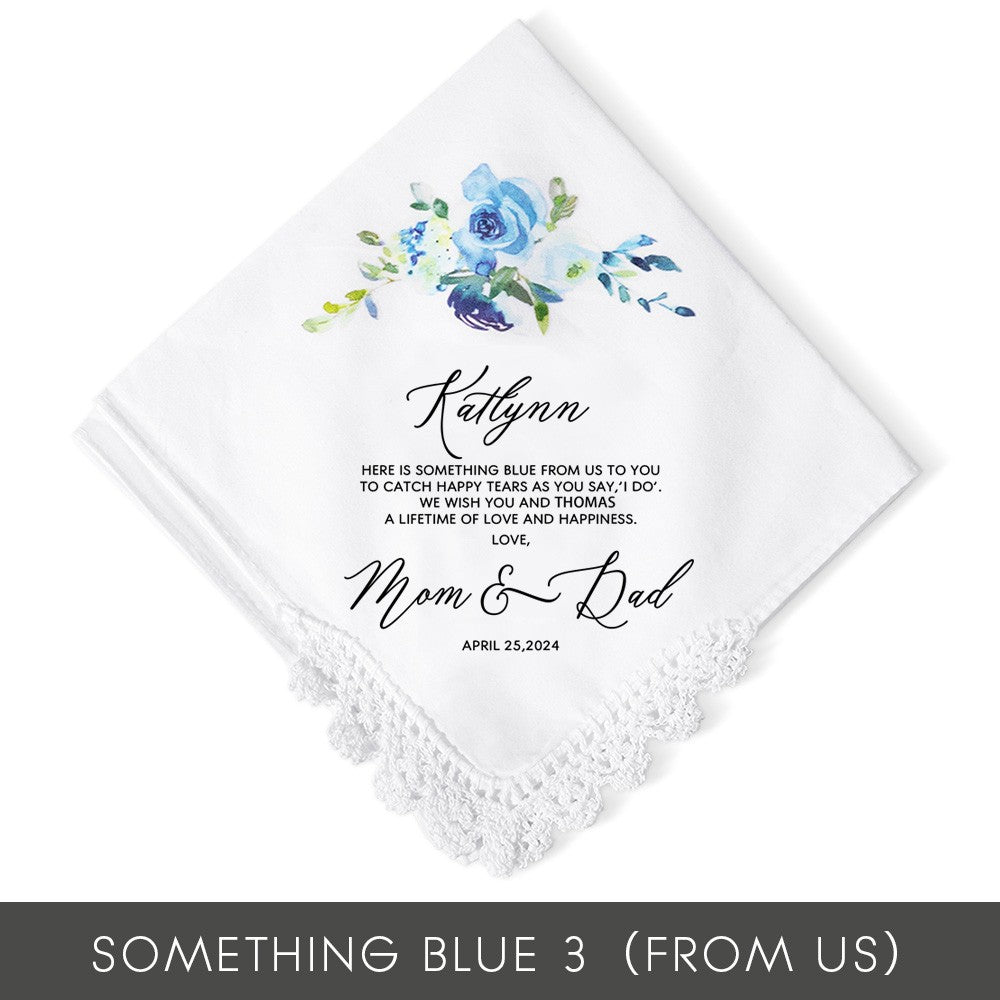 Personalized Floral Wedding Handkerchief, Daughter Wedding Gift from Mom, Something Blue Gift for Bride on Wedding Day, Gift for Daughter/Bride/Her
