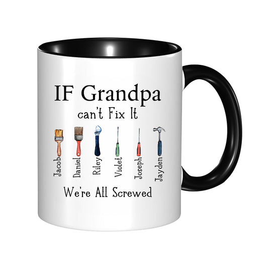 Personalized Dad's Repair Tool Mug with Kids' Names, Papa Can Fix It 11oz Ceramic Mug, Home Decoration, Birthday/Father's Day Gift for Dad/Grandpa/Him