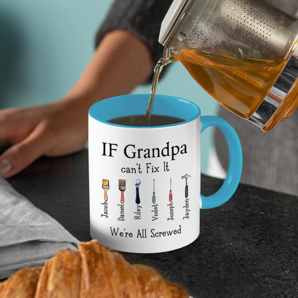 Personalized Dad's Repair Tool Mug with Kids' Names, Papa Can Fix It 11oz Ceramic Mug, Home Decoration, Birthday/Father's Day Gift for Dad/Grandpa/Him