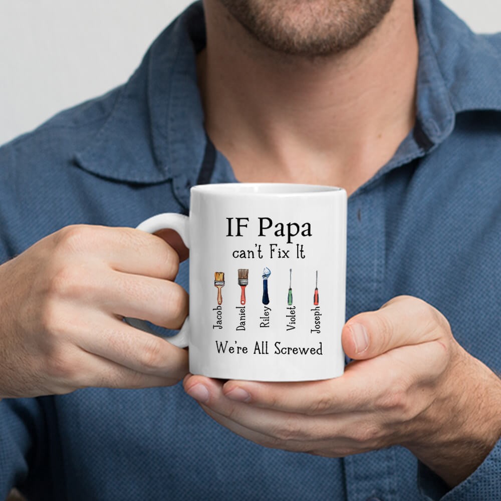 Personalized Dad's Repair Tool Mug with Kids' Names, Papa Can Fix It 11oz Ceramic Mug, Home Decoration, Birthday/Father's Day Gift for Dad/Grandpa/Him