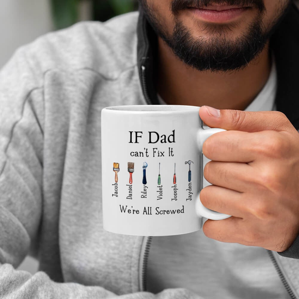 Personalized Dad's Repair Tool Mug with Kids' Names, Papa Can Fix It 11oz Ceramic Mug, Home Decoration, Birthday/Father's Day Gift for Dad/Grandpa/Him