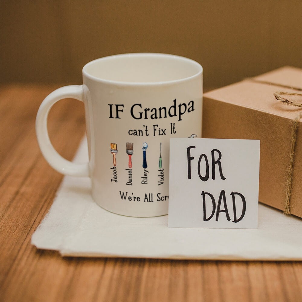 Personalized Dad's Repair Tool Mug with Kids' Names, Papa Can Fix It 11oz Ceramic Mug, Home Decoration, Birthday/Father's Day Gift for Dad/Grandpa/Him