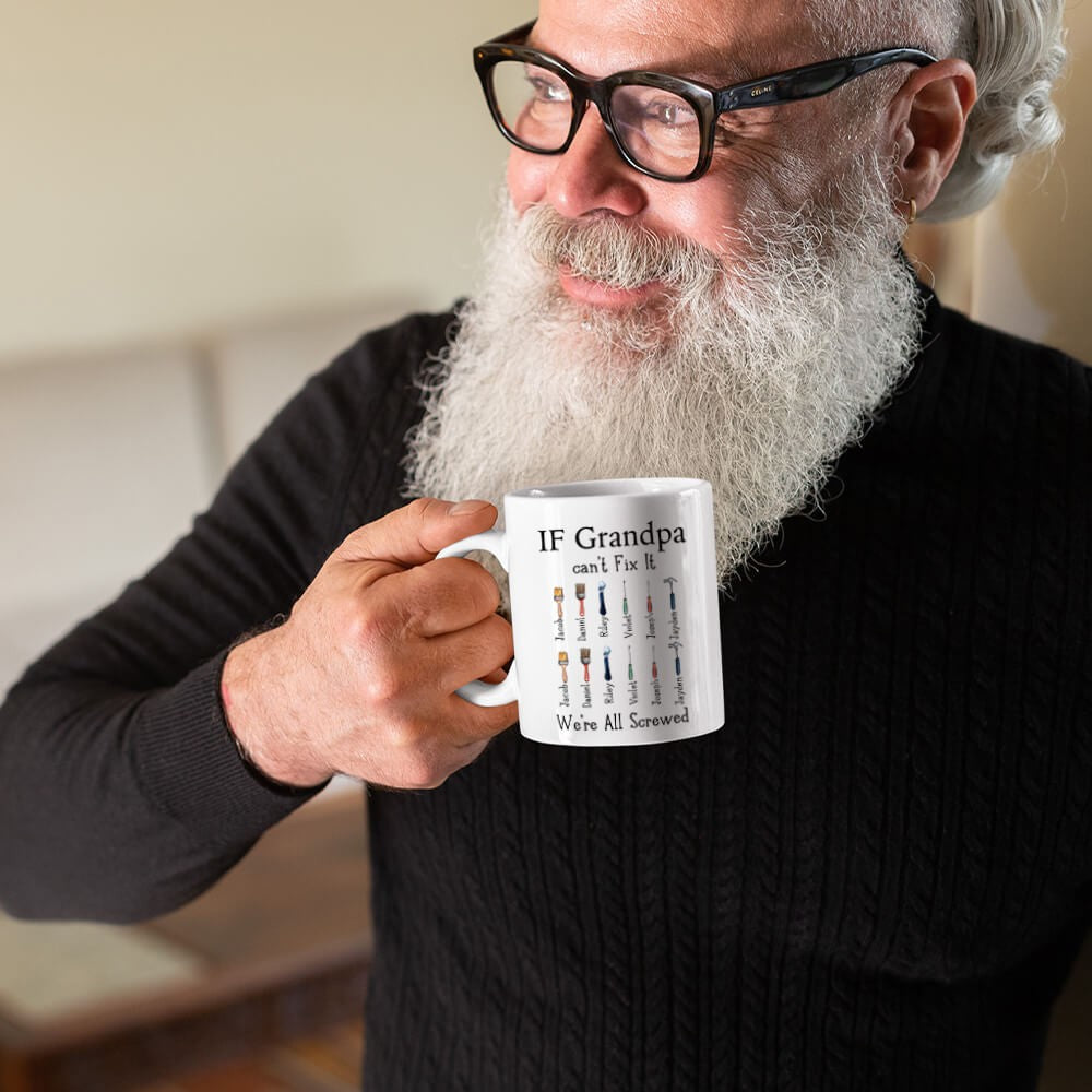 Personalized Dad's Repair Tool Mug with Kids' Names, Papa Can Fix It 11oz Ceramic Mug, Home Decoration, Birthday/Father's Day Gift for Dad/Grandpa/Him