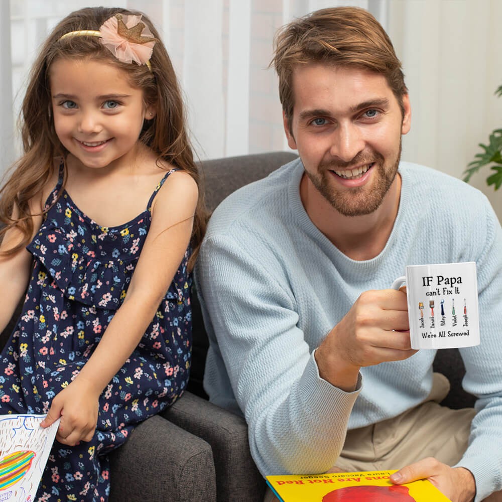 Personalized Dad's Repair Tool Mug with Kids' Names, Papa Can Fix It 11oz Ceramic Mug, Home Decoration, Birthday/Father's Day Gift for Dad/Grandpa/Him