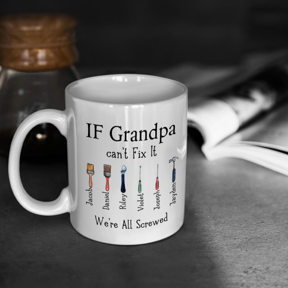 Personalized Dad's Repair Tool Mug with Kids' Names, Papa Can Fix It 11oz Ceramic Mug, Home Decoration, Birthday/Father's Day Gift for Dad/Grandpa/Him