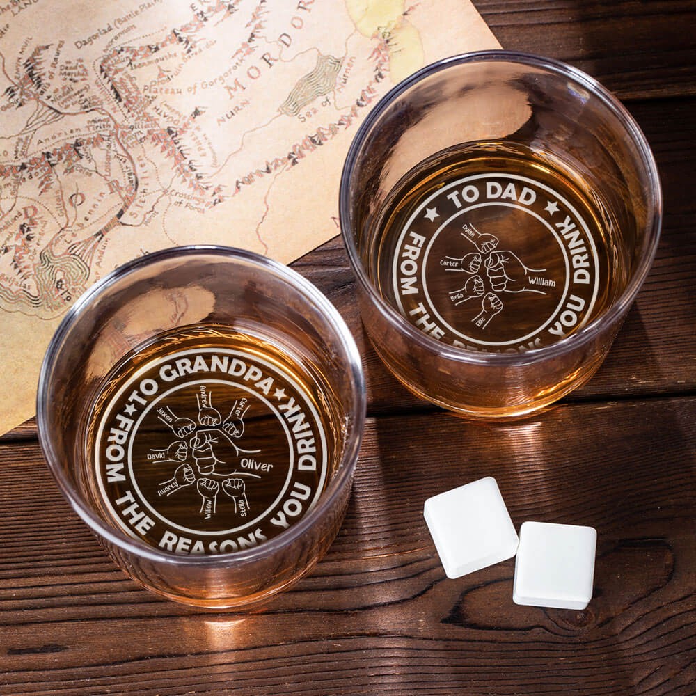 Personalized Dad & Son Fists Bumping Whiskey Glass, Custom Engraved 10oz Bourbon Old Fashioned Glass, Bartender/Father's Day Gift for Dad/Grandpa/Him