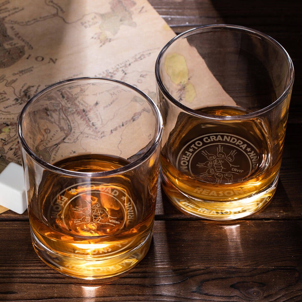 Personalized Dad & Son Fists Bumping Whiskey Glass, Custom Engraved 10oz Bourbon Old Fashioned Glass, Bartender/Father's Day Gift for Dad/Grandpa/Him