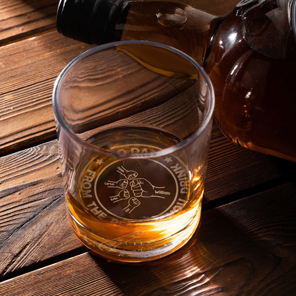Personalized Dad & Son Fists Bumping Whiskey Glass, Custom Engraved 10oz Bourbon Old Fashioned Glass, Bartender/Father's Day Gift for Dad/Grandpa/Him