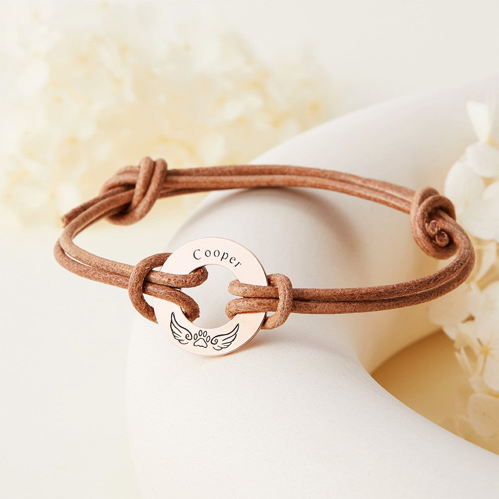 Custom Pet Name Paw Print with Angel Wings Bracelet, Engraved Leather Washer Pet Loss Bracelet, Pet Memorial Jewelry, Gift for Pet Lover/Owner