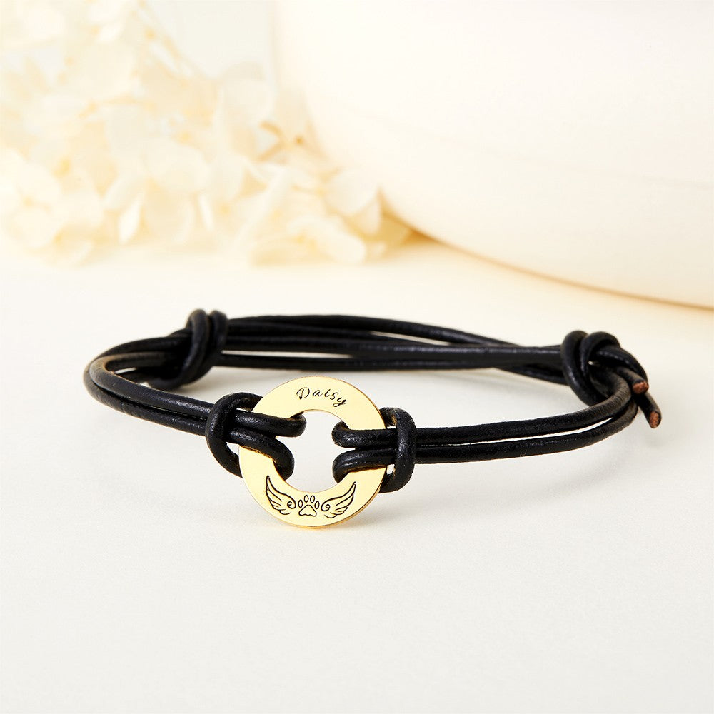 Custom Pet Name Paw Print with Angel Wings Bracelet, Engraved Leather Washer Pet Loss Bracelet, Pet Memorial Jewelry, Gift for Pet Lover/Owner