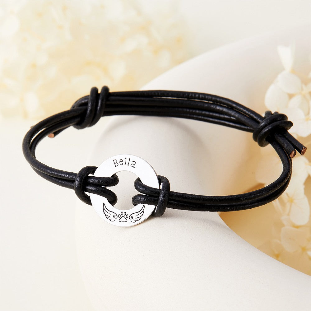 Custom Pet Name Paw Print with Angel Wings Bracelet, Engraved Leather Washer Pet Loss Bracelet, Pet Memorial Jewelry, Gift for Pet Lover/Owner