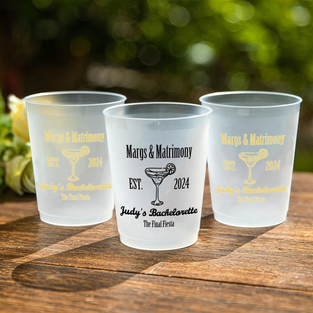 Custom Margs and Matrimony Drinking Cups, Set of 10 Bridal Plastic Disposable Cups with Text, Bachelorette Party Favors, Wedding Gifts for Bridesmaids