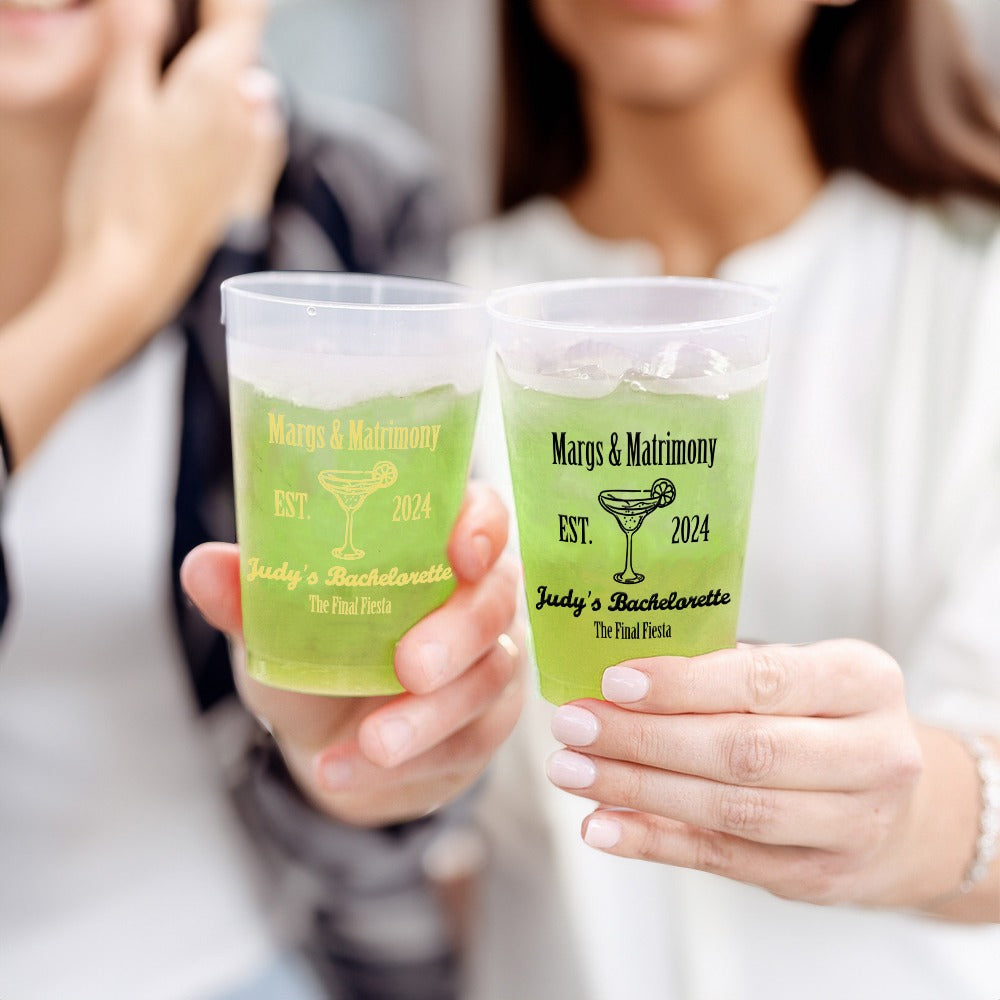 Custom Margs and Matrimony Drinking Cups, Set of 10 Bridal Plastic Disposable Cups with Text, Bachelorette Party Favors, Wedding Gifts for Bridesmaids