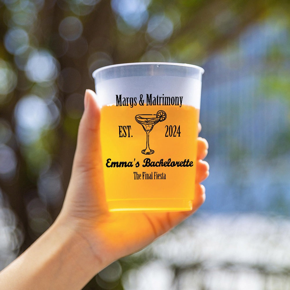 Custom Margs and Matrimony Drinking Cups, Set of 10 Bridal Plastic Disposable Cups with Text, Bachelorette Party Favors, Wedding Gifts for Bridesmaids