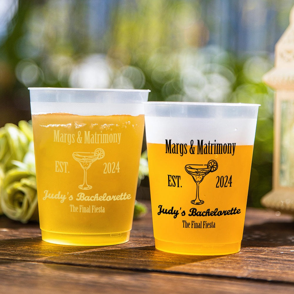 Custom Margs and Matrimony Drinking Cups, Set of 10 Bridal Plastic Disposable Cups with Text, Bachelorette Party Favors, Wedding Gifts for Bridesmaids