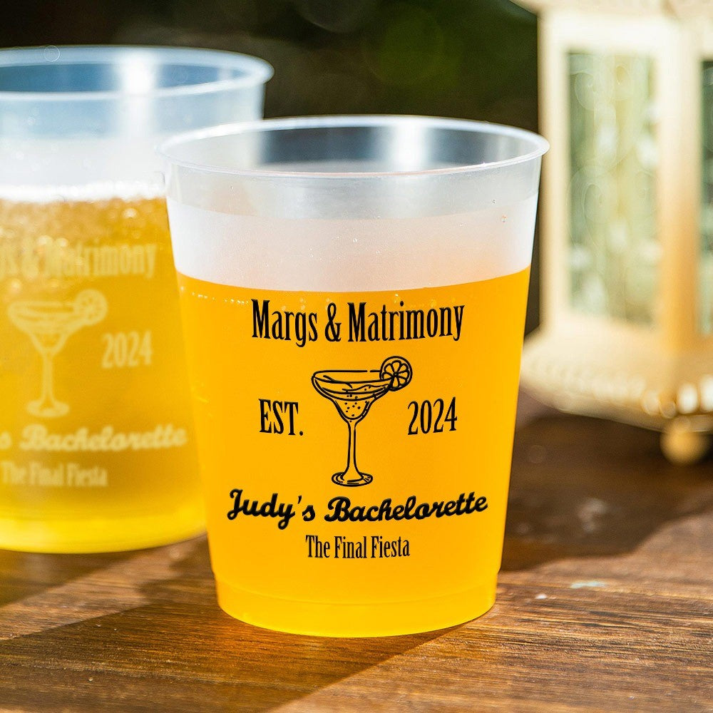 Custom Margs and Matrimony Drinking Cups, Set of 10 Bridal Plastic Disposable Cups with Text, Bachelorette Party Favors, Wedding Gifts for Bridesmaids