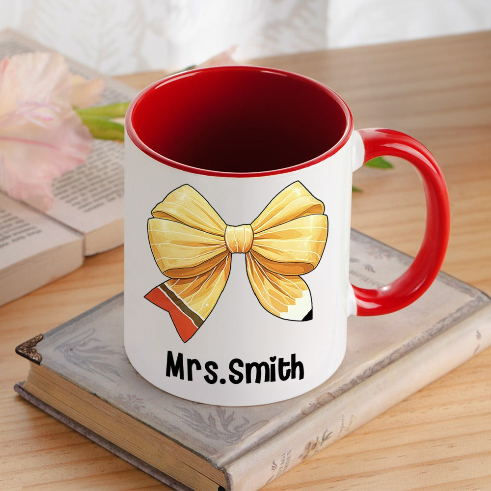 Personalized Coquette Bow Mug with Teacher's Name, Teacher Pencil Bow Knot 11oz Ceramic Mug, Teacher'sDay/Appreciation/Christmas Gift for Teachers