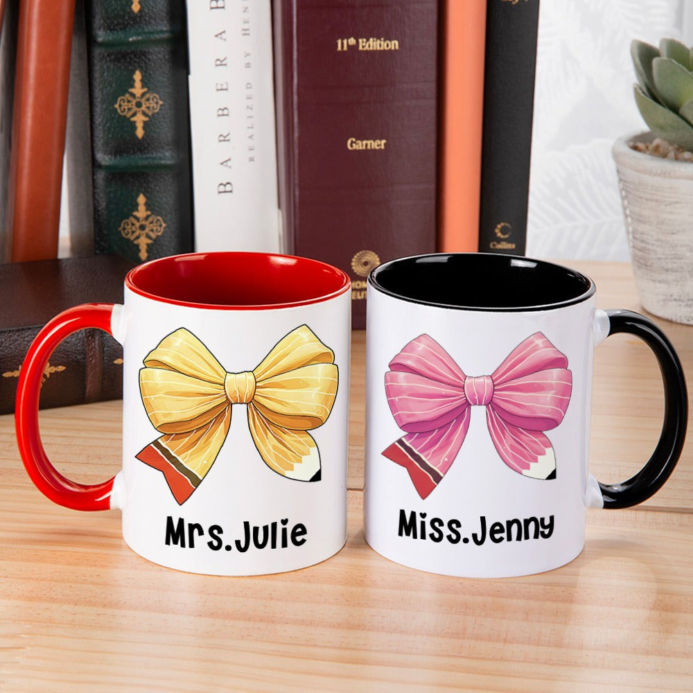 Personalized Coquette Bow Mug with Teacher's Name, Teacher Pencil Bow Knot 11oz Ceramic Mug, Teacher'sDay/Appreciation/Christmas Gift for Teachers
